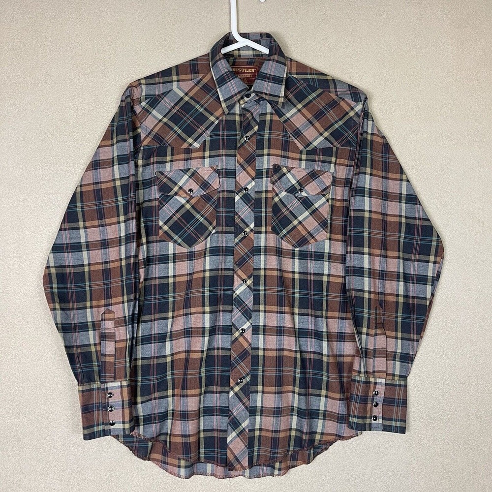 Rustler Shirt Mens 14.5 Brown Blue‎ Plaid Long Tails Button Up Adult